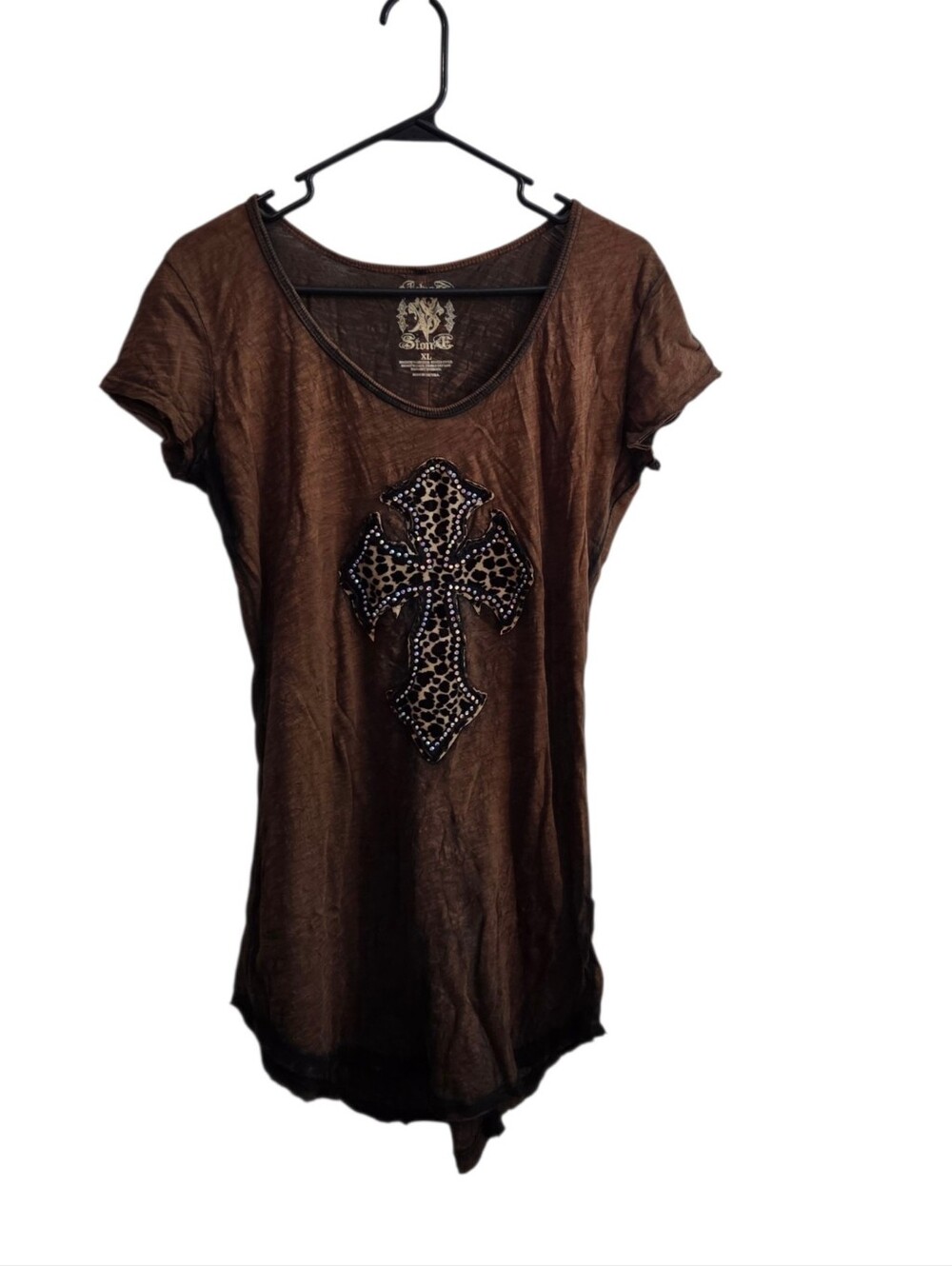 Velvet Stone Brown Madonna Cheetah Cross Embellished Womens Top Size XL Bling